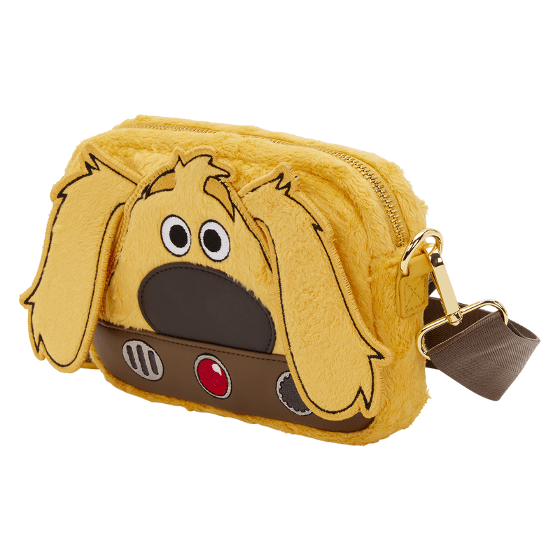 Front view of the Loungefly Pixar Up Dug Sling Crossbody Bag with faux fur finish, floppy ears and collar detail