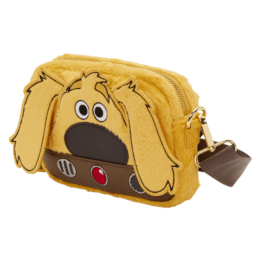 Front view of the Loungefly Pixar Up Dug Sling Crossbody Bag with faux fur finish, floppy ears and collar detail
