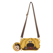 Full front view of the Loungefly Pixar Up Dug Sling Crossbody Bag with adjustable strap and detachable Russell coin purse