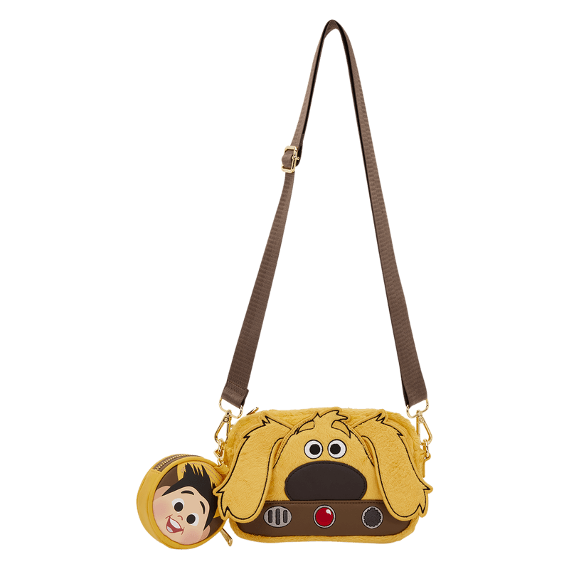 Full front view of the Loungefly Pixar Up Dug Sling Crossbody Bag with adjustable strap and detachable Russell coin purse