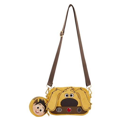 Full front view of the Loungefly Pixar Up Dug Sling Crossbody Bag with adjustable strap and detachable Russell coin purse