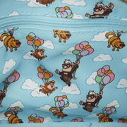 Interior lining of the Loungefly Pixar Up Dug Sling Crossbody Bag with Dug, Carl, Russell, balloons and cloud print