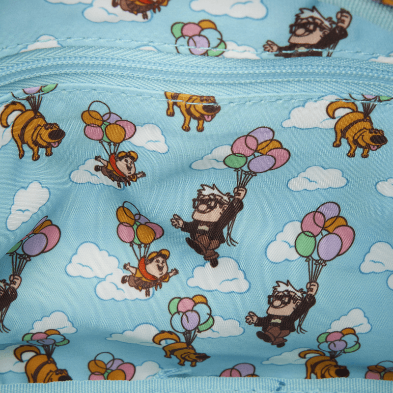 Interior lining of the Loungefly Pixar Up Dug Sling Crossbody Bag with Dug, Carl, Russell, balloons and cloud print