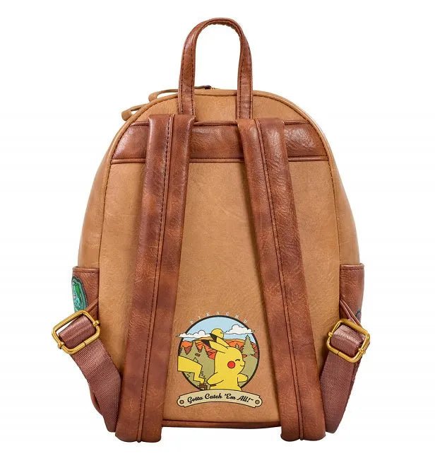 Back of Loungefly Pokémon Camper backpack with faux leather finish and Pikachu wilderness patch