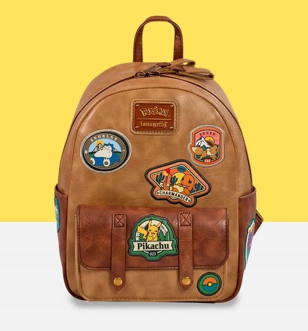 Front view of Loungefly Pokémon Camper Patches backpack with Pikachu, Charmander, and Snorlax embroidered-style badges