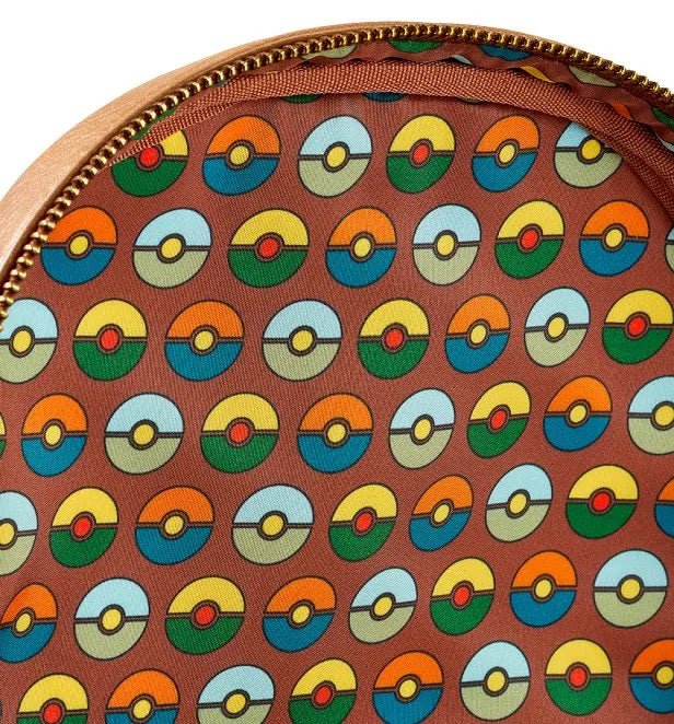 Inside lining of Loungefly Pokémon backpack with repeating Poké Ball pattern in retro colours