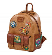 Side view of Loungefly Pokémon Camper backpack showing additional embroidered-style patch on a tan leather-look base