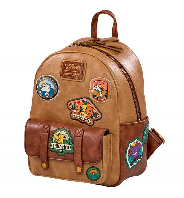 Side view of Loungefly Pokémon Camper backpack showing additional embroidered-style patch on a tan leather-look base