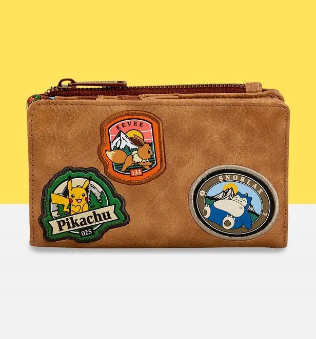 Front view of Loungefly Pokémon Camper Wallet featuring Pikachu, Eevee, and Snorlax embroidered-style patches