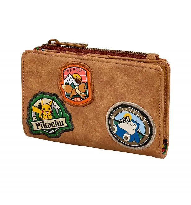 Side angle of Loungefly Camper Patches Wallet showcasing vintage leather-look texture and character badges