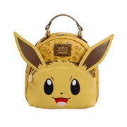 Front view of Loungefly Pokémon Eevee Floral Mini Backpack with smiling Eevee face design.