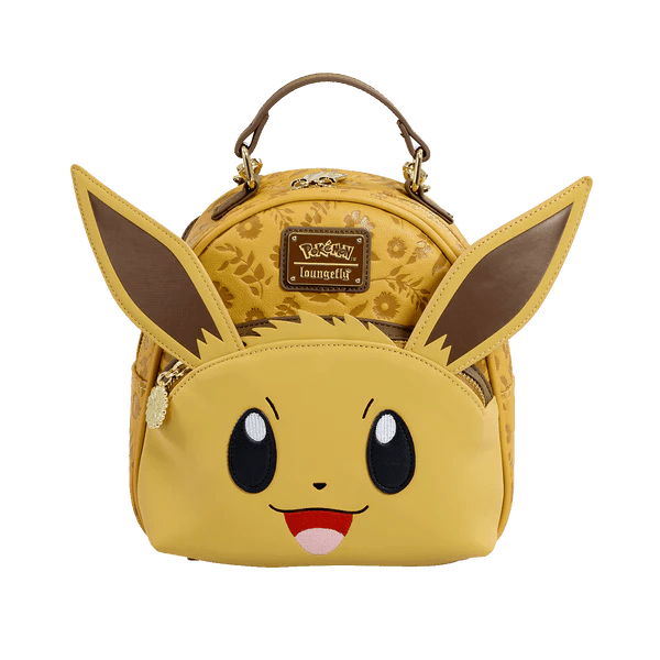Front view of Loungefly Pokémon Eevee Floral Mini Backpack with smiling Eevee face design.