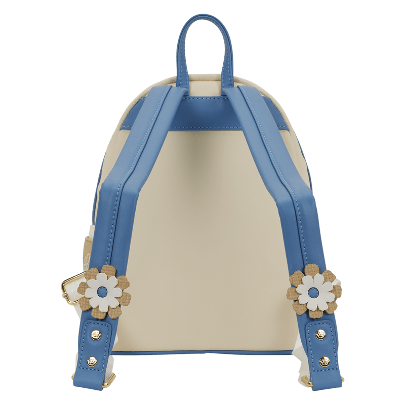 Back view of the Loungefly Pokémon Floral Mini Backpack with blue shoulder straps and flower detailing