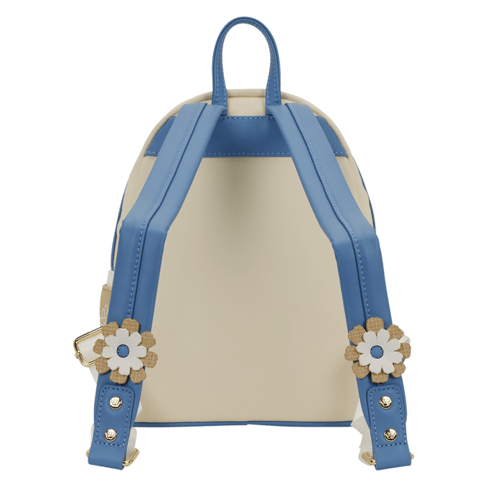 Back view of the Loungefly Pokémon Floral Mini Backpack with blue shoulder straps and flower detailing