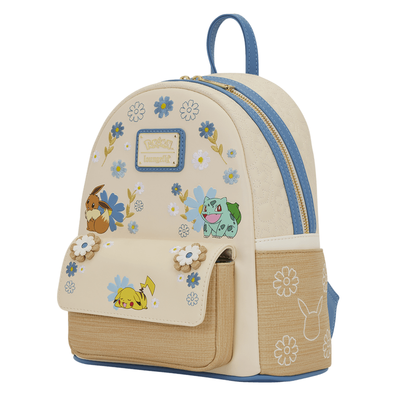 Angled front view of the Loungefly Pokémon Floral Mini Backpack with blue trim, floral appliqué details and Pokémon character artwork