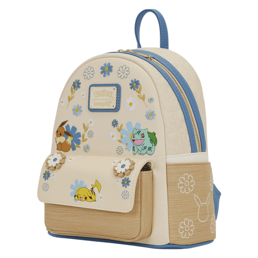 Angled front view of the Loungefly Pokémon Floral Mini Backpack with blue trim, floral appliqué details and Pokémon character artwork