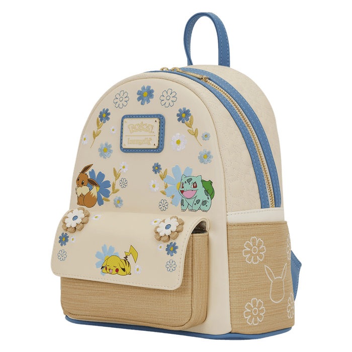 Angled front view of the Loungefly Pokémon Floral Mini Backpack with blue trim, floral appliqué details and Pokémon character artwork