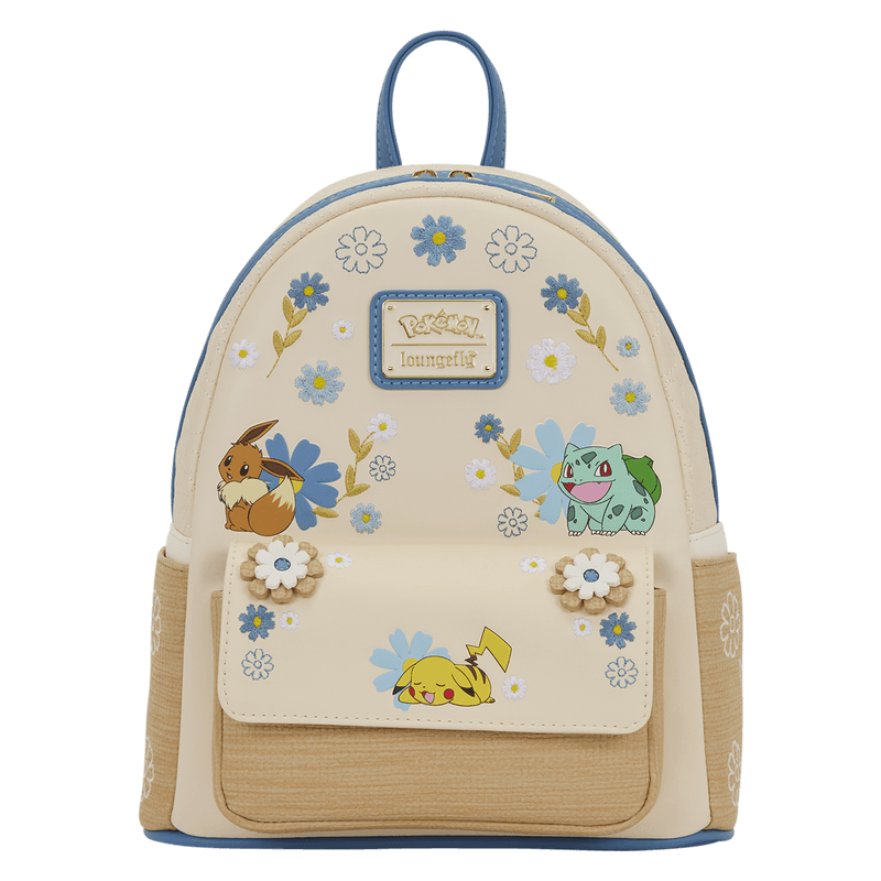 Front view of the Loungefly Pokémon Floral Mini Backpack with floral details, textured front pocket and Pikachu, Eevee and Bulbasaur artwork