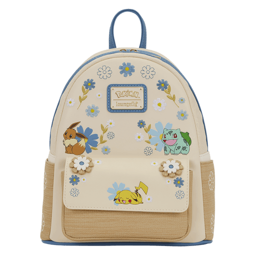 Front view of the Loungefly Pokémon Floral Mini Backpack with floral details, textured front pocket and Pikachu, Eevee and Bulbasaur artwork