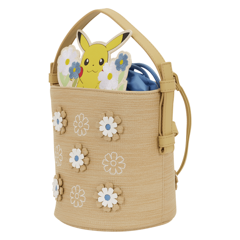 Angled view of the Loungefly Pokémon Floral Pikachu Crossbody Bag showing the textured basket-style finish and floral appliqué design