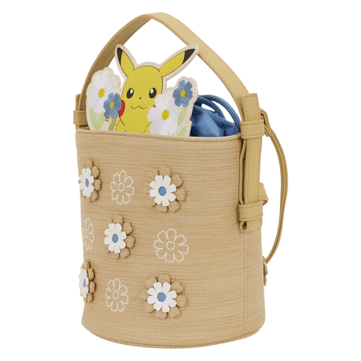 Angled view of the Loungefly Pokémon Floral Pikachu Crossbody Bag showing the textured basket-style finish and floral appliqué design