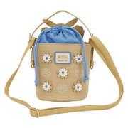 Back view of the Loungefly Pokémon Floral Pikachu Crossbody Bag with blue drawstring closure, floral details and crossbody strap