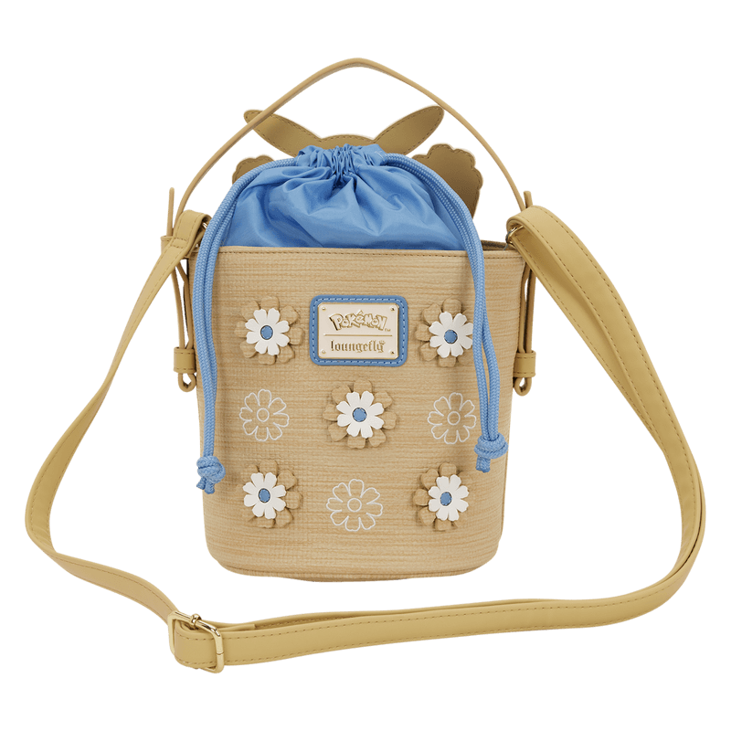 Back view of the Loungefly Pokémon Floral Pikachu Crossbody Bag with blue drawstring closure, floral details and crossbody strap