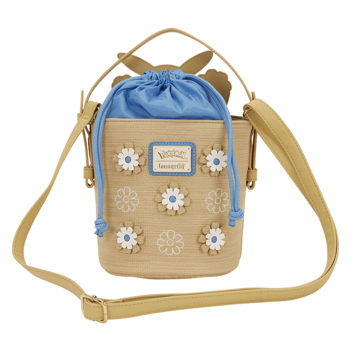 Back view of the Loungefly Pokémon Floral Pikachu Crossbody Bag with blue drawstring closure, floral details and crossbody strap