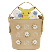Front view of the Loungefly Pokémon Floral Pikachu Crossbody Bag with layered flower details and Pikachu peeking over the top