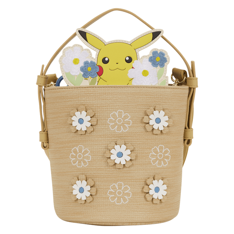 Front view of the Loungefly Pokémon Floral Pikachu Crossbody Bag with layered flower details and Pikachu peeking over the top