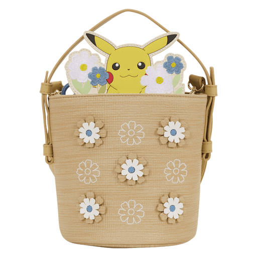 Front view of the Loungefly Pokémon Floral Pikachu Crossbody Bag with layered flower details and Pikachu peeking over the top