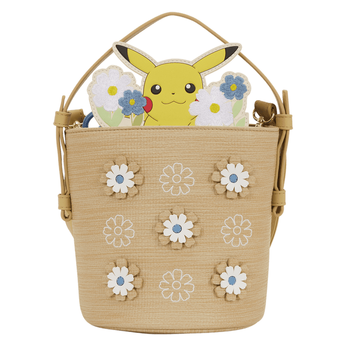 Front view of the Loungefly Pokémon Floral Pikachu Crossbody Bag with layered flower details and Pikachu peeking over the top