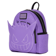 Three-quarter angle of Loungefly Gengar mini backpack showing side pocket, debossed pattern and black piping – purple Pokémon backpack
