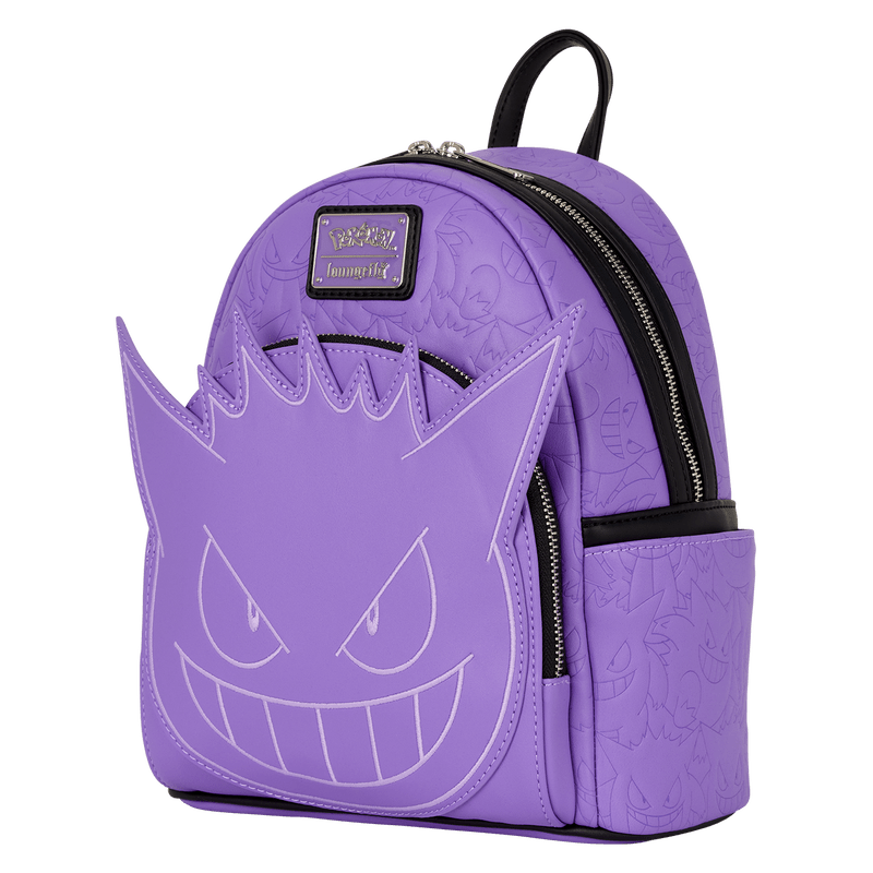 Three-quarter angle of Loungefly Gengar mini backpack showing side pocket, debossed pattern and black piping – purple Pokémon backpack
