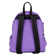 Back of Loungefly Pokémon Gengar mini backpack with all-over debossed Gengar faces and adjustable black shoulder straps
