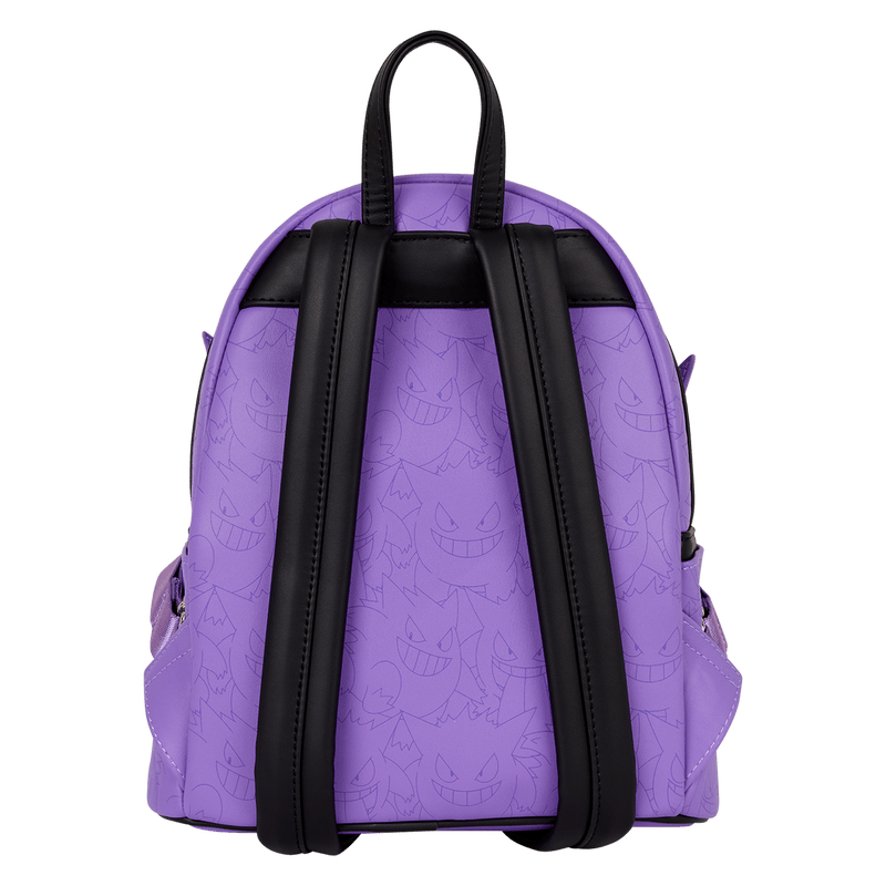 Back of Loungefly Pokémon Gengar mini backpack with all-over debossed Gengar faces and adjustable black shoulder straps
