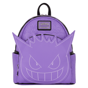 Front view of Loungefly Pokémon Gengar mini backpack in purple faux leather with large embroidered grin applique – Pokémon bag
