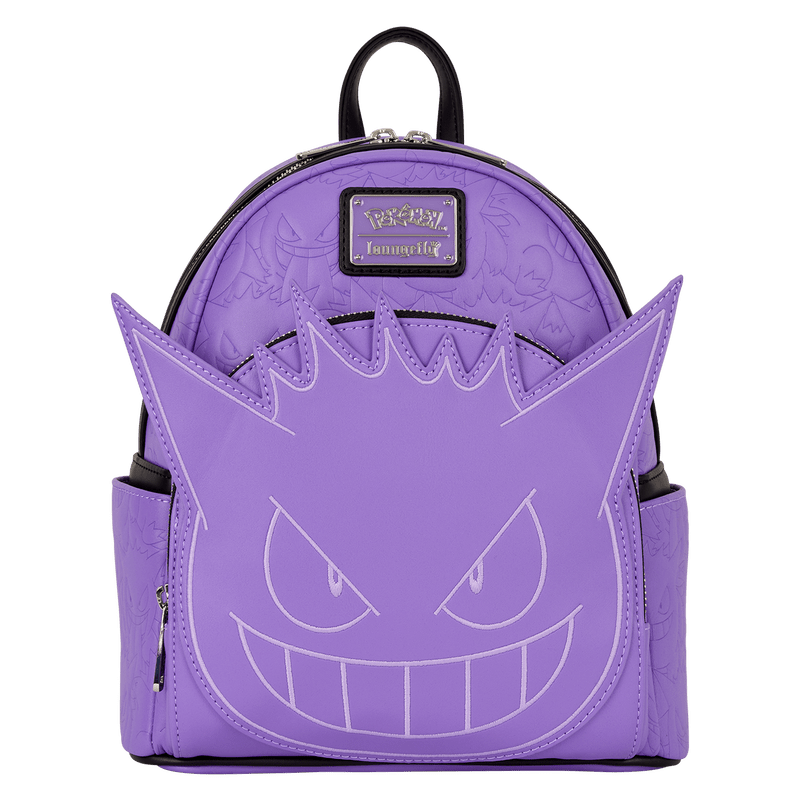 Front view of Loungefly Pokémon Gengar mini backpack in purple faux leather with large embroidered grin applique – Pokémon bag
