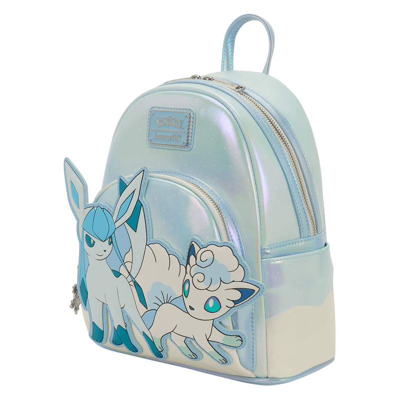 Angled view of the Loungefly Pokémon Ice Type Winter mini backpack showing iridescent material and front character detail.