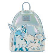 Front view of the Loungefly Pokémon Ice Type Winter mini backpack with Glaceon and Alolan Vulpix appliqué.