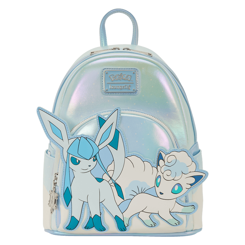 Front view of the Loungefly Pokémon Ice Type Winter mini backpack with Glaceon and Alolan Vulpix appliqué.