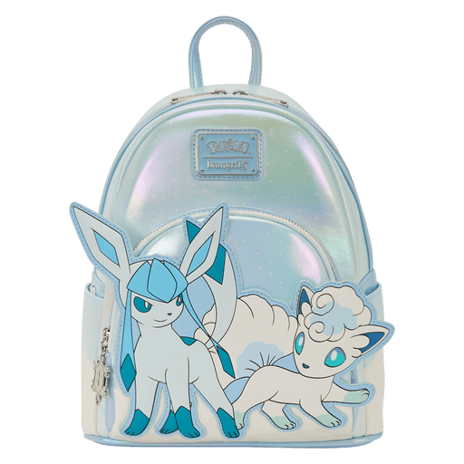 Front view of the Loungefly Pokémon Ice Type Winter mini backpack with Glaceon and Alolan Vulpix appliqué.