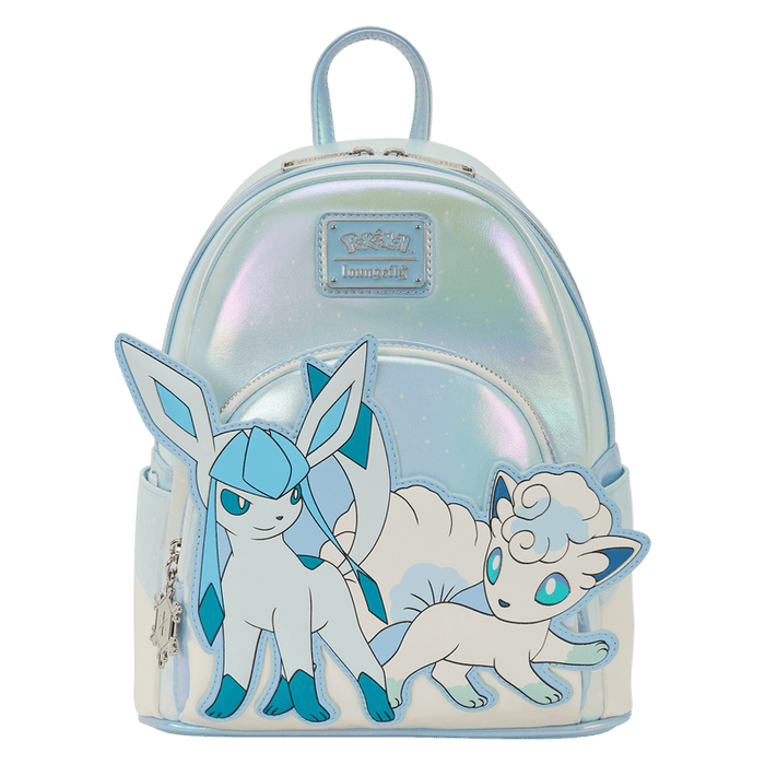 Front view of the Loungefly Pokémon Ice Type Winter mini backpack with Glaceon and Alolan Vulpix appliqué.