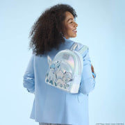Loungefly Pokémon mini backpack worn on the back, featuring Glaceon and Alolan Vulpix on an icy iridescent panel.