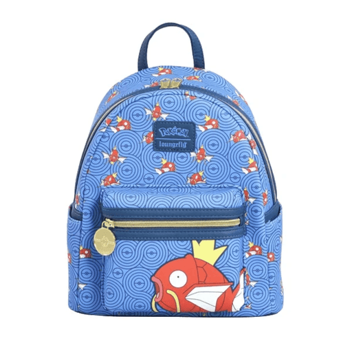 Front view of the Loungefly Pokémon Magikarp mini backpack with blue Magikarp print, front pocket and gold zip detail