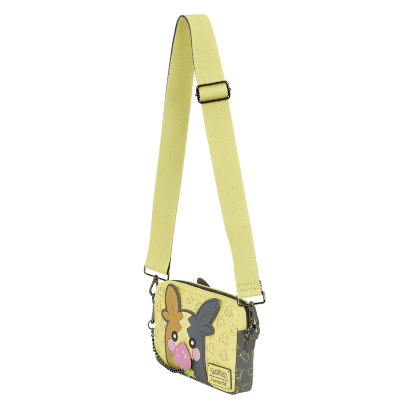 Angled view of Pokémon Morpeko Loungefly Crossbody Bag with yellow Full Belly Mode design and adjustable shoulder strap