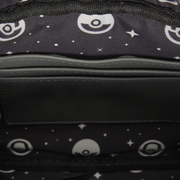 Interior of Loungefly Pokémon Morpeko Crossbody Bag with black Poké Ball and star-print lining and internal slip pocket
