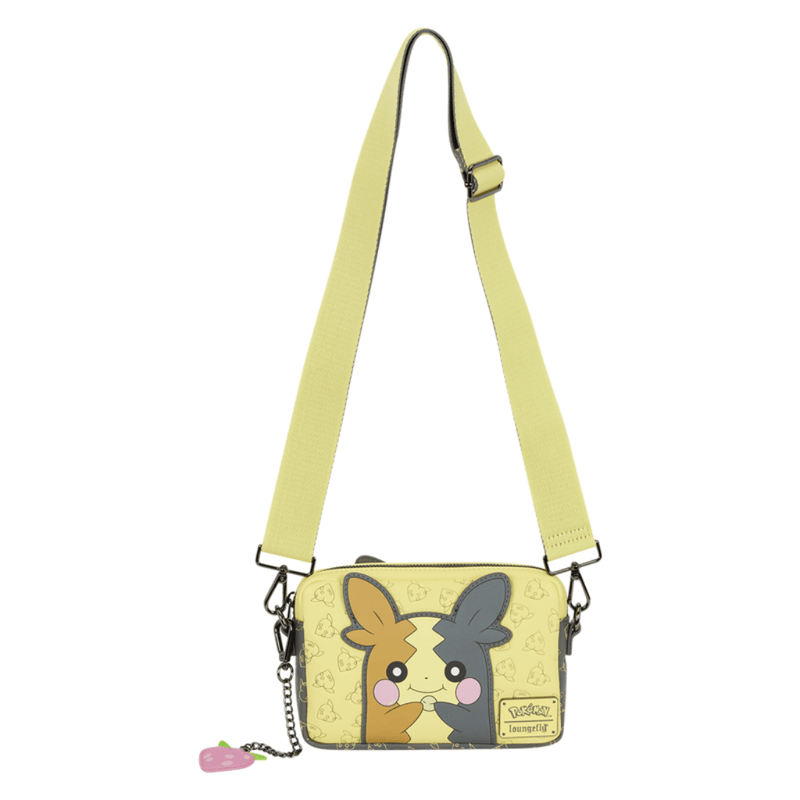 Loungefly Pokémon Morpeko Reversible Crossbody Bag with smiling Full Belly Mode Morpeko and pink strawberry charm
