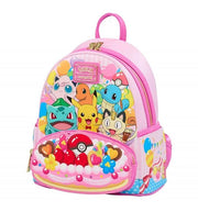 Angled left view of Loungefly Pokémon Party mini backpack showing cake-slice front pocket and side balloon print – Loungefly bag
