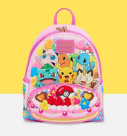 Front view of Loungefly Pokémon Party mini backpack with Pikachu, Squirtle and friends on pink faux-leather – Loungefly backpack
